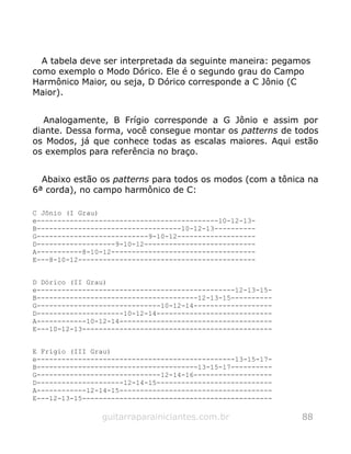 A tabela deve ser interpretada da seguinte maneira: pegamos
como exemplo o Modo Dórico. Ele é o segundo grau do Campo
Harmônico Maior, ou seja, D Dórico corresponde a C Jônio (C
Maior).
Analogamente, B Frígio corresponde a G Jônio e assim por
diante. Dessa forma, você consegue montar os patterns de todos
os Modos, já que conhece todas as escalas maiores. Aqui estão
os exemplos para referência no braço.
Abaixo estão os patterns para todos os modos (com a tônica na
6ª corda), no campo harmônico de C:
C Jônio (I Grau)
e--------------------------------------------10-12-13-
B-----------------------------------10-12-13----------
G---------------------------9-10-12-------------------
D-------------------9-10-12---------------------------
A-----------8-10-12-----------------------------------
E---8-10-12-------------------------------------------
D Dórico (II Grau)
e------------------------------------------------12-13-15-
B---------------------------------------12-13-15----------
G------------------------------10-12-14-------------------
D---------------------10-12-14----------------------------
A------------10-12-14-------------------------------------
E---10-12-13----------------------------------------------
E Frígio (III Grau)
e------------------------------------------------13-15-17-
B---------------------------------------13-15-17----------
G------------------------------12-14-16-------------------
D---------------------12-14-15----------------------------
A------------12-14-15-------------------------------------
E---12-13-15----------------------------------------------
guitarraparainiciantes.com.br 88
 