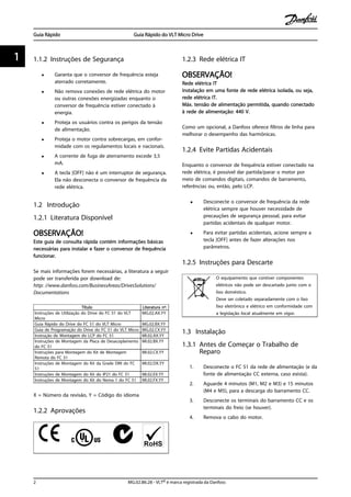 1.1.2 Instruções de Segurança
• Garanta que o conversor de frequência esteja
aterrado corretamente.
• Não remova conexões de rede elétrica do motor
ou outras conexões energizadas enquanto o
conversor de frequência estiver conectado à
energia.
• Proteja os usuários contra os perigos da tensão
de alimentação.
• Proteja o motor contra sobrecargas, em confor-
midade com os regulamentos locais e nacionais.
• A corrente de fuga de aterramento excede 3,5
mA.
• A tecla [OFF] não é um interruptor de segurança.
Ela não desconecta o conversor de frequência da
rede elétrica.
1.2 Introdução
1.2.1 Literatura Disponível
OBSERVAÇÃO!
Este guia de consulta rápida contém informações básicas
necessárias para instalar e fazer o conversor de frequência
funcionar.
Se mais informações forem necessárias, a literatura a seguir
pode ser transferida por download de:
http: //www.danfoss.com/BusinessAreas/DrivesSolutions/
Documentations
Título Literatura nº.
Instruções de Utilização do Drive do FC 51 do VLT
Micro
MG.02.AX.YY
Guia Rápido do Drive do FC 51 do VLT Micro MG.02.BX.YY
Guia de Programação do Drive do FC 51 do VLT Micro MG.02.CX.YY
Instrução de Montagem do LCP do FC 51 MI.02.AX.YY
Instruções de Montagem da Placa de Desacoplamento
do FC 51
MI.02.BX.YY
Instruções para Montagem do Kit de Montagem
Remota do FC 51
MI.02.CX.YY
Instruções de Montagem do Kit da Grade DIN do FC
51
MI.02.DX.YY
Instruções de Montagem do Kit do IP21 do FC 51 MI.02.EX.YY
Instruções de Montagem do Kit do Nema 1 do FC 51 MI.02.FX.YY
X = Número da revisão, Y = Código do idioma
1.2.2 Aprovações
1.2.3 Rede elétrica IT
OBSERVAÇÃO!
Rede elétrica IT
Instalação em uma fonte de rede elétrica isolada, ou seja,
rede elétrica IT.
Máx. tensão de alimentação permitida, quando conectado
à rede de alimentação: 440 V.
Como um opcional, a Danfoss oferece filtros de linha para
melhorar o desempenho das harmônicas.
1.2.4 Evite Partidas Acidentais
Enquanto o conversor de frequência estiver conectado na
rede elétrica, é possível dar partida/parar o motor por
meio de comandos digitais, comandos de barramento,
referências ou, então, pelo LCP.
• Desconecte o conversor de frequência da rede
elétrica sempre que houver necessidade de
precauções de segurança pessoal, para evitar
partidas acidentais de qualquer motor.
• Para evitar partidas acidentais, acione sempre a
tecla [OFF] antes de fazer alterações nos
parâmetros.
1.2.5 Instruções para Descarte
O equipamento que contiver componentes
elétricos não pode ser descartado junto com o
lixo doméstico.
Deve ser coletado separadamente com o lixo
lixo eletrônico e elétrico em conformidade com
a legislação local atualmente em vigor.
1.3 Instalação
1.3.1 Antes de Começar o Trabalho de
Reparo
1. Desconecte o FC 51 da rede de alimentação (e da
fonte de alimentação CC externa, caso exista).
2. Aguarde 4 minutos (M1, M2 e M3) e 15 minutos
(M4 e M5), para a descarga do barramento CC.
3. Desconecte os terminais do barramento CC e os
terminais do freio (se houver).
4. Remova o cabo do motor.
Guia Rápido Guia Rápido do VLT Micro Drive
2 MG.02.B6.28 - VLT® é marca registrada da Danfoss
11
 