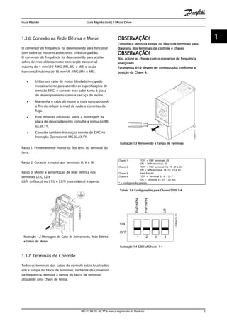 1.3.6 Conexão na Rede Elétrica e Motor
O conversor de frequência foi desenvolvido para funcionar
com todos os motores assíncronos trifásicos padrão.
O conversor de frequência foi desenvolvido para aceitar
cabos de rede elétrica/motor com seção transversal
máxima de 4 mm2/10 AWG (M1, M2 e M3) e seção
transversal máxima de 16 mm2/6 AWG (M4 e M5).
• Utilize um cabo de motor blindado/encapado
metalicamente para atender as especificações de
emissão EMC, e conecte esse cabo tanto à placa
de desacoplamento como à carcaça do motor.
• Mantenha o cabo do motor o mais curto possível,
a fim de reduzir o nível de ruído e correntes de
fuga.
• Para detalhes adicionais sobre a montagem da
placa de desacoplamento consulte a instrução MI.
02.BX.YY.
• Consulte também Instalação correta de EMC na
Instrução Operacional MG.02.AX.YY.
Passo 1. Primeiramente monte os fios terra no terminal do
terra.
Passo 2: Conecte o motor aos terminais U, V e W.
Passo 3: Monte a alimentação de rede elétrica nos
terminais L1/L, L2 e
L3/N (trifásico) ou L1/L e L3/N (monofásico) e aperte.
Ilustração 1.2 Montagem do Cabo de Aterramento, Rede Elétrica
e Cabos do Motor.
1.3.7 Terminais de Controle
Todos os terminais dos cabos de controle estão localizados
sob a tampa do bloco de terminais, na frente do conversor
de frequência. Remova a tampa do bloco de terminais
utilizando uma chave de fenda.
OBSERVAÇÃO!
Consulte o verso da tampa do bloco de terminais para
diagrama dos terminais de controle e chaves.
OBSERVAÇÃO!
Não acione as chaves com o conversor de frequência
energizado.
Parâmetros 6-19 devem ser configurados conforme a
posição da Chave 4.
Ilustração 1.3 Removendo a Tampa de Terminais
Chave 1: *OFF = PNP terminais 29
ON = NPN terminais 29
Chave 2: *OFF = PNP terminal 18, 19, 27 e 33
ON = NPN terminal 18, 19, 27 e 33
Chave 3: Sem função
Chave 4: *OFF = Terminal 53 0 - 10 V
ON = Terminal 53 0/4 - 20 mA
* = configuração padrão
Tabela 1.4 Configurações para Chaves S200 1-4
Ilustração 1.4 S200 chChaves 1-4
Guia Rápido Guia Rápido do VLT Micro Drive
MG.02.B6.28 - VLT® é marca registrada da Danfoss 5
1 1
 