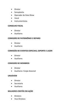 Diretor
      Sonoplastia
      Operador de Data Show
      Vocal
      Instrumentistas

CONSELHO FISCAL

      Diretor
      Auxiliares

COMISSÃO DE PATRIMÔNIO E REPARO

      Diretor
      Auxiliares

COMISSÃO DE EVENTOS ESPECIAIS, ESPORTE E LAZER

      Diretor
      Auxiliares

COMISSÃO DE MEMBROS

      Diretor
      Auxiliares: Corpo diaconal

UNIJOVEM

      Diretor
      Secretario
      Auxiliares

MULHERES CRISTÃS EM AÇÃO

      Diretora
      Vice-Diretora
 