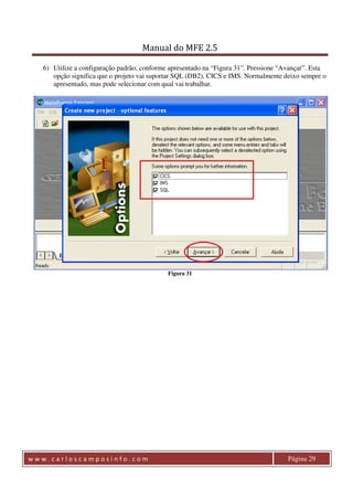 Manual do MFE 2.5 
6) Utilize a configuração padrão, conforme apresentado na “Figura 31”. Pressione “Avançar”. Esta 
opção significa que o projeto vai suportar SQL (DB2), CICS e IMS. Normalmente deixo sempre o 
apresentado, mas pode selecionar com qual vai trabalhar. 
Figura 31 
w w w . c a r l o s c a m p o s i n f o . c o m Página 29 
 