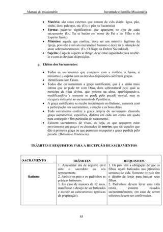 Manual do missionário Juventude e Família Missionária
85
Matéria: são sinas externos que tomam da vida diária: água, pão,
vinho, óleo, palavras, etc. (Ex: o pão na Eucaristia)
Forma: palavras significativas que aparecem no rito de cada
sacramento. (Ex: Eu te batizo em nome do Pai e do Filho e do
Espírito Santo)
Ministro: aquele que confere, deve ser um ministro legítimo da
Igreja, pois não é um ato meramente humano e deve ter a intenção de
atuar sobrenaturalmente. (Ex: O Bispo na Ordem Sacerdotal).
Sujeito: é aquele a quem se dirige, deve estar capacitado para recebê-
lo e com as devidas disposições.
g. Efeitos dos Sacramentos:
Todos os sacramentos que cumprem com a matéria, a forma, o
ministro e o sujeito com as devidas disposições conferem graças.
Identificam com Cristo.
Todos dão ou aumentam a graça santificante, que é a união mais
íntima que se pode ter com Deus, dom sobrenatural pelo qual se
participa da vida divina, que penetra na alma, aperfeiçoando-a,
modificando-a e somente se perde pelo pecado mortal, mas se
recupera mediante ao sacramento da Penitência.
A graça santificante se recebe inicialmente no Batismo, aumenta com
a participação nos sacramentos, a oração e as boas obras.
Todo sacramento confere a graça própria do sacramento chamada
graça sacramental, específica, distinta em cada um como um ajuda
para conseguir o fim particular do sacramento.
Existem sacramentos de vivos, ou seja, os que requerem estar
previamente em graça e os chamados de mortos, que são aqueles que
dão à primeira graça ou que permitem recuperar a graça perdida pelo
pecado. (Batismo e Penitencia)
TRÂMITES E REQUISITOS PARA A RECEPÇÃO DE SACRAMENTOS
SACRAMENTO TRÂMITES REQUISITOS
Batismo
1. Apresentar ata de registro civil
ante o sacerdote ou seu
representante.
2. Assistir os pais e os padrinhos as
práticas batismais.
3. Em caso de maiores de 12 anos,
manifestar o desejo de ser batizados
e assistir ao catecumenato (práticas
de preparação).
1. Os pais têm a obrigação de que os
filhos sejam batizados nas primeiras
semanas de vida. Somente os pais têm
o direito de levar para batizar seus
filhos.
2. Padrinhos: devem levar uma vida
cristã, estarem casados
sacramentalmente, em caso de serem
solteiros devem ser confirmados.
 