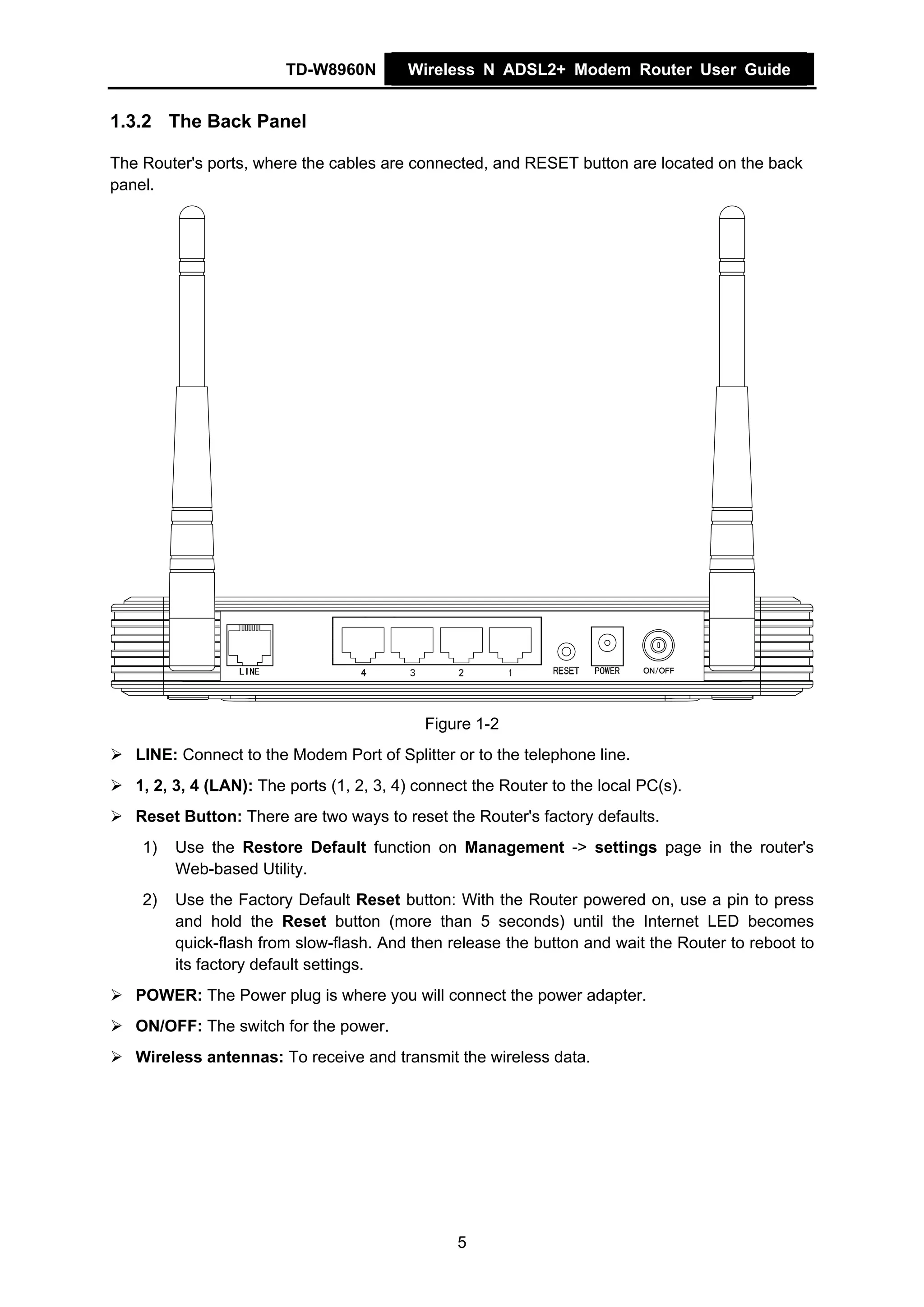 TD-W8960N         Wireless N ADSL2+ Modem Router User Guide


1.3.2 The Back Panel

The Router's ports, where the cables are connected, and RESET button are located on the back
panel.




                                            Figure 1-2
   LINE: Connect to the Modem Port of Splitter or to the telephone line.
   1, 2, 3, 4 (LAN): The ports (1, 2, 3, 4) connect the Router to the local PC(s).
   Reset Button: There are two ways to reset the Router's factory defaults.
    1)   Use the Restore Default function on Management -> settings page in the router's
         Web-based Utility.
    2)   Use the Factory Default Reset button: With the Router powered on, use a pin to press
         and hold the Reset button (more than 5 seconds) until the Internet LED becomes
         quick-flash from slow-flash. And then release the button and wait the Router to reboot to
         its factory default settings.
   POWER: The Power plug is where you will connect the power adapter.
   ON/OFF: The switch for the power.
   Wireless antennas: To receive and transmit the wireless data.




                                                 5
 