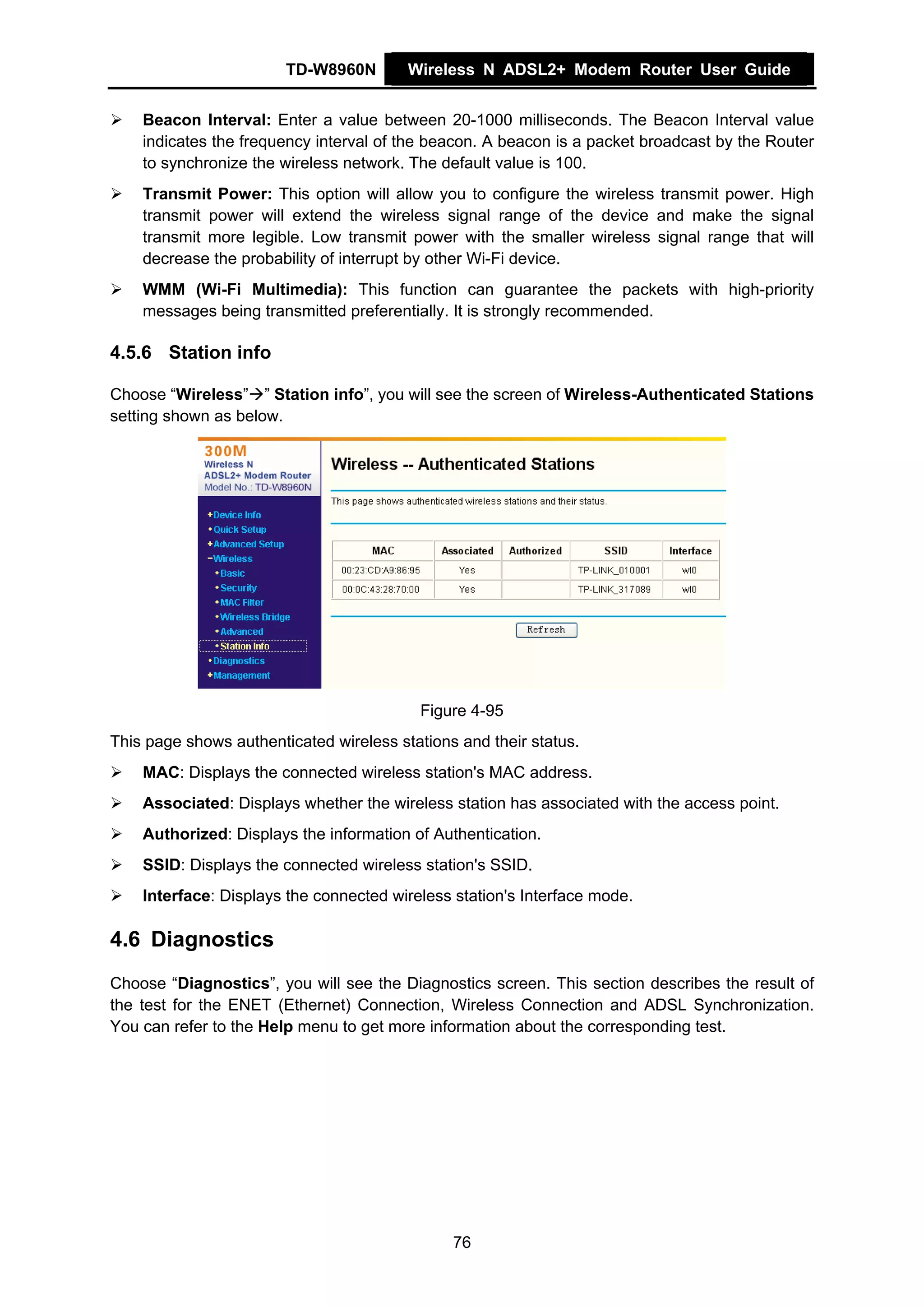 TD-W8960N        Wireless N ADSL2+ Modem Router User Guide


    Beacon Interval: Enter a value between 20-1000 milliseconds. The Beacon Interval value
    indicates the frequency interval of the beacon. A beacon is a packet broadcast by the Router
    to synchronize the wireless network. The default value is 100.
    Transmit Power: This option will allow you to configure the wireless transmit power. High
    transmit power will extend the wireless signal range of the device and make the signal
    transmit more legible. Low transmit power with the smaller wireless signal range that will
    decrease the probability of interrupt by other Wi-Fi device.
    WMM (Wi-Fi Multimedia): This function can guarantee the packets with high-priority
    messages being transmitted preferentially. It is strongly recommended.

4.5.6 Station info

Choose “Wireless” ” Station info”, you will see the screen of Wireless-Authenticated Stations
setting shown as below.




                                          Figure 4-95
This page shows authenticated wireless stations and their status.
    MAC: Displays the connected wireless station's MAC address.
    Associated: Displays whether the wireless station has associated with the access point.
    Authorized: Displays the information of Authentication.
    SSID: Displays the connected wireless station's SSID.
    Interface: Displays the connected wireless station's Interface mode.

4.6 Diagnostics
Choose “Diagnostics”, you will see the Diagnostics screen. This section describes the result of
the test for the ENET (Ethernet) Connection, Wireless Connection and ADSL Synchronization.
You can refer to the Help menu to get more information about the corresponding test.




                                               76
 