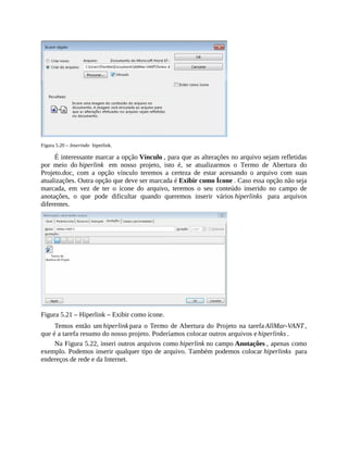 Figura 5.20 – Inserindo hiperlink.
É interessante marcar a opção Vínculo , para que as alterações no arquivo sejam refletidas
por meio do hiperlink em nosso projeto, isto é, se atualizarmos o Termo de Abertura do
Projeto.doc, com a opção vínculo teremos a certeza de estar acessando o arquivo com suas
atualizações. Outra opção que deve ser marcada é Exibir como Ícone . Caso essa opção não seja
marcada, em vez de ter o ícone do arquivo, teremos o seu conteúdo inserido no campo de
anotações, o que pode dificultar quando queremos inserir vários hiperlinks para arquivos
diferentes.
Figura 5.21 – Hiperlink – Exibir como ícone.
Temos então um hiperlink para o Termo de Abertura do Projeto na tarefa AllMar-VANT ,
que é a tarefa resumo do nosso projeto. Poderíamos colocar outros arquivos e hiperlinks .
Na Figura 5.22, inseri outros arquivos como hiperlink no campo Anotações , apenas como
exemplo. Podemos inserir qualquer tipo de arquivo. Também podemos colocar hiperlinks para
endereços de rede e da Internet.
 