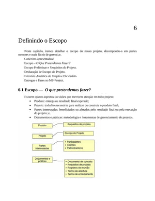 6
Definindo o Escopo
Neste capítulo, iremos detalhar o escopo do nosso projeto, decompondo-o em partes
menores e mais fáceis de gerenciar.
Conceitos apresentados:
Escopo – O Que Pretendemos Fazer?
Escopo Preliminar e Requisitos do Projeto.
Declaração de Escopo do Projeto.
Estrutura Analítica de Projeto e Dicionário.
Entregas e Fases no MS-Project.
6.1 Escopo ― O que pretendemos fazer?
Existem quatro aspectos ou visões que merecem atenção em todo projeto:
Produto: entrega ou resultado final esperado;
Projeto: trabalho necessário para realizar ou construir o produto final;
Partes interessadas: beneficiados ou afetados pelo resultado final ou pela execução
do projeto; e,
Documentos e práticas: metodologia e ferramentas de gerenciamento de projetos.
 