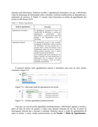 alterados pelo MS-Project. Podemos escolher o agendamento automático, em que o MS-Project
cuida da atualização de informações sobre a duração, conforme modificarmos as dependências e
atribuições de recursos. A Tabela 7.1 resume como funcionam os modos de agendamento das
tarefas no MS-Project 2013.
Tabela 7.1 – Modos de agendamento .
Modo de Agendamento Descrição
Agendamento Automático O agendamento automático já existia na
versão 2007 do MS-Project e consiste no
agendamento automatizado feito
pelo software a partir da data de início do
projeto e das dependências entre as
atividades.
Agendamento Manual O agendamento manual é uma novidade
introduzida no MS-Project 2010 e presente
no MS-Project 2013 que permite que o
usuário insira a tarefa sem duração e sem
agendamento (datas de início e término),
sendo possível preencher esses e outros
detalhes da tarefa posteriormente.
Você também pode inserir informações de
datas e durações, que serão fixadas para o
MS-Project, isto é, o software não fará
alterações de duração e datas nas tarefas
agendadas manualmente.
É possível alternar entre agendamento manual e automático para uma ou mais tarefas,
conforme a Figura 7.4.
Figura 7.4 – Alterando modo de agendamento da tarefa .
Figura 7.5 – Tarefas agendadas automaticamente .
Veja que, no caso de tarefas agendadas automaticamente, o MS-Project agenda as tarefas a
partir da data de início do projeto e coloca uma duração estimada de um dia. O ponto de
interrogação informa que a duração é estimada. Podemos alterar o modo de agendamento de
todas as tarefas a serem criadas posteriormente na aba Tarefas > Modo de Agendamento ,
 