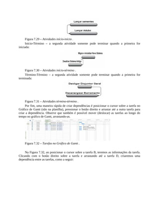 Figura 7.29 – Atividades início-início .
Início-Término – a segunda atividade somente pode terminar quando a primeira for
iniciada:
Figura 7.30 – Atividades início-término .
Término-Término – a segunda atividade somente pode terminar quando a primeira for
terminada:
Figura 7.31 – Atividades término-término .
Por fim, uma maneira rápida de criar dependências é posicionar o cursor sobre a tarefa no
Gráfico de Gantt (não na planilha), pressionar o botão direito e arrastar até a outra tarefa para
criar a dependência. Observe que também é possível mover (deslocar) as tarefas ao longo do
tempo no gráfico de Gantt, arrastando-as.
Figura 7.32 – Tarefas no Gráfico de Gantt .
Na Figura 7.32, ao posicionar o cursor sobre a tarefa B, teremos as informações da tarefa.
Clicando com o botão direito sobre a tarefa e arrastando até a tarefa D, criaremos uma
dependência entre as tarefas, como a seguir:
 