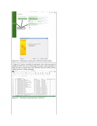 Figura 8.16 – Exportando o projeto para o MS-Excel usando modelo.
A Figura 8.17 mostra o resultado da exportação. Será criada uma pasta de
trabalho do MS-Excel com as informações do projeto, sendo exportados os
dados de todas as colunas, bem como diferentes abas para Tabela_Tarefas,
Tabela_Recursos e Tabela-Atribuição.
Figura 8.17 – Resultado da exportação para o MS-Excel.
 