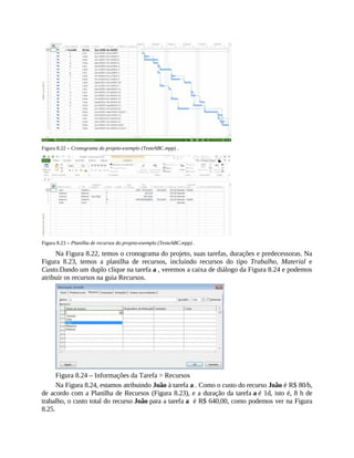 Figura 8.22 – Cronograma do projeto-exemplo (TesteABC.mpp) .
Figura 8.23 – Planilha de recursos do projeto-exemplo (TesteABC.mpp) .
Na Figura 8.22, temos o cronograma do projeto, suas tarefas, durações e predecessoras. Na
Figura 8.23, temos a planilha de recursos, incluindo recursos do tipo Trabalho, Material e
Custo.Dando um duplo clique na tarefa a , veremos a caixa de diálogo da Figura 8.24 e podemos
atribuir os recursos na guia Recursos.
Figura 8.24 – Informações da Tarefa > Recursos
Na Figura 8.24, estamos atribuindo João à tarefa a . Como o custo do recurso João é R$ 80/h,
de acordo com a Planilha de Recursos (Figura 8.23), e a duração da tarefa a é 1d, isto é, 8 h de
trabalho, o custo total do recurso João para a tarefa a é R$ 640,00, como podemos ver na Figura
8.25.
 