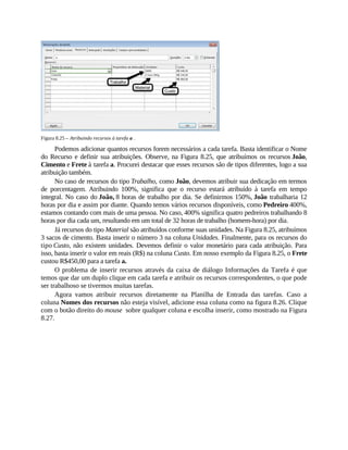 Figura 8.25 – Atribuindo recursos à tarefa a .
Podemos adicionar quantos recursos forem necessários a cada tarefa. Basta identificar o Nome
do Recurso e definir sua atribuições. Observe, na Figura 8.25, que atribuímos os recursos João,
Cimento e Frete à tarefa a. Procurei destacar que esses recursos são de tipos diferentes, logo a sua
atribuição também.
No caso de recursos do tipo Trabalho, como João, devemos atribuir sua dedicação em termos
de porcentagem. Atribuindo 100%, significa que o recurso estará atribuído à tarefa em tempo
integral. No caso do João, 8 horas de trabalho por dia. Se definirmos 150%, João trabalharia 12
horas por dia e assim por diante. Quando temos vários recursos disponíveis, como Pedreiro 400%,
estamos contando com mais de uma pessoa. No caso, 400% significa quatro pedreiros trabalhando 8
horas por dia cada um, resultando em um total de 32 horas de trabalho (homem-hora) por dia.
Já recursos do tipo Material são atribuídos conforme suas unidades. Na Figura 8.25, atribuímos
3 sacos de cimento. Basta inserir o número 3 na coluna Unidades. Finalmente, para os recursos do
tipo Custo, não existem unidades. Devemos definir o valor monetário para cada atribuição. Para
isso, basta inserir o valor em reais (R$) na coluna Custo. Em nosso exemplo da Figura 8.25, o Frete
custou R$450,00 para a tarefa a.
O problema de inserir recursos através da caixa de diálogo Informações da Tarefa é que
temos que dar um duplo clique em cada tarefa e atribuir os recursos correspondentes, o que pode
ser trabalhoso se tivermos muitas tarefas.
Agora vamos atribuir recursos diretamente na Planilha de Entrada das tarefas. Caso a
coluna Nomes dos recursos não esteja visível, adicione essa coluna como na figura 8.26. Clique
com o botão direito do mouse sobre qualquer coluna e escolha inserir, como mostrado na Figura
8.27.
 