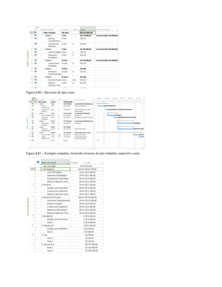 Figura 8.80 – Recursos do tipo custo .
Figura 8.81 – Exemplo completo, incluindo recursos do tipo trabalho, material e custo .
 
