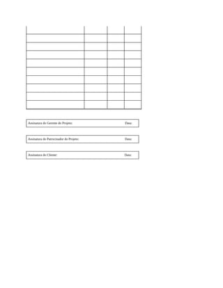 Assinatura do Gerente do Projeto: Data:
Assinatura do Patrocinador do Projeto: Data:
Assinatura do Cliente: Data:
 