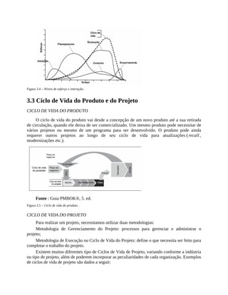 Figura 3.4 – Níveis de esforço e interação .
3.3 Ciclo de Vida do Produto e do Projeto
CICLO DE VIDA DO PRODUTO
O ciclo de vida do produto vai desde a concepção de um novo produto até a sua retirada
de circulação, quando ele deixa de ser comercializado. Um mesmo produto pode necessitar de
vários projetos ou mesmo de um programa para ser desenvolvido. O produto pode ainda
requerer outros projetos ao longo de seu ciclo de vida para atualizações ( recall ,
modernizações etc.).
Fonte : Guia PMBOK®, 5. ed.
Figura 3.5 – Ciclo de vida do produto .
CICLO DE VIDA DO PROJETO
Para realizar um projeto, necessitamos utilizar duas metodologias:
Metodologia de Gerenciamento do Projeto: processos para gerenciar e administrar o
projeto;
Metodologia de Execução ou Ciclo de Vida do Projeto: define o que necessita ser feito para
completar o trabalho do projeto.
Existem muitos diferentes tipo de Ciclos de Vida de Projeto, variando conforme a indústria
ou tipo de projeto, além de poderem incorporar as peculiaridades de cada organização. Exemplos
de ciclos de vida de projeto são dados a seguir:
 