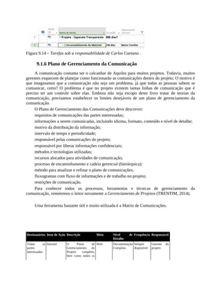Figura 9.14 – Tarefas sob a responsabilidade de Carlos Caetano .
9.1.6 Plano de Gerenciamento da Comunicação
A comunicação costuma ser o calcanhar de Aquiles para muitos projetos. Todavia, muitos
gerentes esquecem de planejar como funcionarão as comunicações dentro do projeto. O motivo é
que imaginamos que a comunicação não seja um problema, já que todas as pessoas sabem se
comunicar, certo? O problema é que no projeto existem tantas linhas de comunicação que é
preciso ter um controle sobre elas. Embora não seja escopo deste livro tratar de teorias da
comunicação, precisamos estabelecer os limites desejáveis de um plano de gerenciamento da
comunicação.
O Plano de Gerenciamento das Comunicações deve descrever:
requisitos de comunicações das partes interessadas;
informações a serem comunicadas, incluindo idioma, formato, conteúdo e nível de detalhe;
motivo da distribuição da informação;
intervalo de tempo e periodicidade;
responsável pelas comunicações do projeto;
responsável por liberar informações confidenciais;
métodos e tecnologias utilizadas;
recursos alocados para atividades de comunicação;
processo de encaminhamento e cadeia gerencial (hierárquica);
método para atualizar e refinar o plano de comunicações;
fluxogramas com fluxo de informações e de trabalho no projeto;
restrições de comunicação.
Para conhecer todos os processos, ferramentas e técnicas de gerenciamento da
comunicação, remetemos o leitor novamente a Gerenciamento de Projetos (TRENTIM, 2014).
Uma ferramenta bastante útil e muito utilizada é a Matriz de Comunicações.
Destinatários Item de Ação Descrição Meio Nível de
Detalhe
Frequência Responsável
Todas as
partes
interessadas
Intranet O Plano de
Gerenciamento do
Projeto completo,
bem como todos os
Web Documentação
Completa
Sempre
disponível
Gerente do
projeto
 