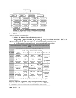 Fonte : PMBoK®, 5. ed.
Figura9.18 – Estrutura analítica de riscos .
Definições de Probabilidade e Impacto dos Riscos:
a qualidade e a credibilidade do processo de Realizar Análise Qualitativa dos riscos
requerem a definição de diferentes níveis de probabilidade e impacto de riscos;
as escalas e padrões da organização devem ser adaptadas ao projeto.
Condições definidas para as escalas de impacto de um risco nos objetivos principais do
projeto
(Exemplos são mostrados somente para impactos negativos)
Objetivos
do projeto
Escalas relativas ou numéricas são mostradas
Muito
baixo/0,05
Baixo/0,10 Moderada/0,20 Alto/0,40 Muito alto/0,80
Custo
Aumento
insignificante
do custo
< 10%
aumento de
custo
10-20%
aumento do
custo
20-40%
aumento do
custo
>40% aumento
do custo
Tempo
Aumento
insignificante
do tempo
< 5%
aumento do
tempo
5-10%
aumento do
tempo
10-20%
aumento do
tempo
<20% aumento
do tempo
Escopo
Diminuição
pouco notável
do escopo
Áreas
secundárias
do escopo
afetadas
Áreas
principais do
escopo afetadas
Redução do
escopo
inaceitável
para o
patrocinador
Produto final
do projeto é
efetivamente
inútil
Qualidade
Degradação
pouco notável
da qualidade
Somente
aplicações
muito
exigentes
são afetadas
Redução da
qualidade
requer
aprovação do
patrocinador
Redução da
qualidade
inaceitável
para o
patrocinador
Produto final
do projeto é
efetivamente
inútil
Esta tabela apresenta exemplos de definições de impacto dos riscos para quatro objetivos
diferentes do projeto.
Eles devem ser ajustados no processo de planejar o gerenciamento dos riscos para o
projeto em questão e para os limites de tolerância a riscos da organização. As definições
de impacto podem ser desenvolvidas para as oportunidades de uma maneira similar.
Fonte: PMBoK®, 5. ed.
 