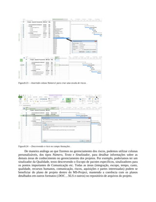 Figura9.23 – Inserindo coluna Número1 para criar uma escala de riscos .
Figura9.24 – Descrevendo o risco no campo Anotações .
De maneira análoga ao que fizemos no gerenciamento dos riscos, podemos utilizar colunas
personalizáveis, dos tipos Número, Texto e Sinalizador, para detalhar informações sobre as
demais áreas de conhecimento no gerenciamento dos projetos. Por exemplo, poderíamos ter um
sinalizador da Qualidade, texto descrevendo o Escopo de pacotes específicos, sinalizadores para
os pontos importantes de Comunicação etc. Todas as áreas (integração, escopo, tempo, custo,
qualidade, recursos humanos, comunicação, riscos, aquisições e partes interessadas) podem se
beneficiar do plano de projeto dentro do MS-Project, mantendo a coerência com os planos
detalhados em outros formatos (.DOC , .XLS e outros) no repositório de arquivos do projeto.
 