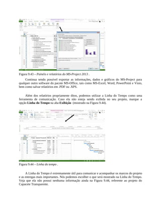 Figura 9.43 – Painéis e relatórios do MS-Project 2013 .
Continua sendo possível exportar as informações, dados e gráficos do MS-Project para
qualquer outro software do pacote MS-Office, tais como MS-Excel, Word, PowerPoint e Visio,
bem como salvar relatórios em .PDF ou .XPS.
Além dos relatórios propriamente ditos, podemos utilizar a Linha do Tempo como uma
ferramenta de comunicação. Caso ela não esteja sendo exibida no seu projeto, marque a
opção Linha do Tempo na aba Exibição (mostrado na Figura 9.44).
Figura 9.44 – Linha do tempo .
A Linha do Tempo é extremamente útil para comunicar e acompanhar os marcos do projeto
e as entregas mais importantes. Nós podemos escolher o que será mostrado na Linha do Tempo.
Veja que ela não possui nenhuma informação ainda na Figura 9.44, referente ao projeto do
Capacete Transparente.
 
