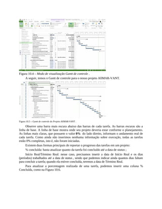 Figura 10.4 – Modo de visualização Gantt de controle .
A seguir, temos o Gantt de controle para o nosso projeto AllMAR-VANT.
Figura 10.5 – Gantt de controle do Projeto AllMAR-VANT .
Observe uma barra mais escura abaixo das barras de cada tarefa. As barras escuras são a
linha de base. A linha de base mostra onde seu projeto deveria estar conforme o planejamento.
As linhas mais claras, que possuem o valor 0% do lado direito, informam o andamento real de
cada tarefa. Como ainda não inserimos nenhuma informação sobre execução, todas as tarefas
estão 0% completas, isto é, não foram iniciadas.
Existem duas formas principais de reportar o progresso das tarefas em um projeto:
% concluída: basta atualizar quanto da tarefa foi concluído até a data de status ;
Início Real/Término Real: nesse caso, precisamos inserir a data de Início Real e os dias
(períodos) trabalhados até a data de status , sendo que podemos indicar ainda quantos dias faltam
para concluir a tarefa; quando ela estiver concluída, teremos a data de Término Real.
Para atualizar a porcentagem realizada de uma tarefa, podemos inserir uma coluna %
Concluída, como na Figura 10.6.
 