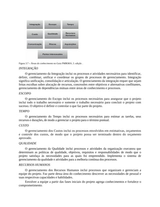 Figura 3.7 – Áreas do conhecimento no Guia PMBOK®, 5. edição .
INTEGRAÇÃO
O gerenciamento da Integração inclui os processos e atividades necessários para identificar,
definir, combinar, unificar e coordenar os grupos de processos de gerenciamento. Integração
significa unificação, consolidação e articulação. O gerenciamento da integração requer que sejam
feitas escolhas sobre alocação de recursos, concessões entre objetivos e alternativas conflitantes,
gerenciamento de dependências mútuas entre áreas de conhecimento e processos.
ESCOPO
O gerenciamento do Escopo inclui os processos necessários para assegurar que o projeto
inclui todo o trabalho necessário e somente o trabalho necessário para concluir o projeto com
sucesso. O objetivo é definir e controlar o que faz parte do projeto.
TEMPO
O gerenciamento do Tempo inclui os processos necessários para estimar as tarefas, seus
recursos e durações, de modo a gerenciar o projeto para o término pontual.
CUSTO
O gerenciamento dos Custos inclui os processos envolvidos em estimativas, orçamentos
e controle dos custos, de modo que o projeto possa ser terminado dentro do orçamento
aprovado.
QUALIDADE
O gerenciamento da Qualidade inclui processos e atividades da organização executora que
determinam as políticas de qualidade, objetivos, requisitos e responsabilidades de modo que o
projeto satisfaça às necessidades para as quais foi empreendido. Implementa o sistema de
gerenciamento da qualidade e atividades para a melhoria contínua dos processos.
RECURSOS HUMANOS
O gerenciamento dos Recursos Humanos inclui processos que organizam e gerenciam a
equipe do projeto. Faz parte dessa área do conhecimento descrever as necessidades de pessoal e
suas respectivas capacidades e habilidades.
Envolver a equipe a partir das fases iniciais do projeto agrega conhecimentos e fortalece o
comprometimento.
 