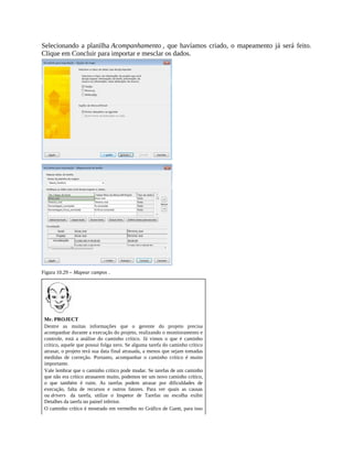 Selecionando a planilha Acompanhamento , que havíamos criado, o mapeamento já será feito.
Clique em Concluir para importar e mesclar os dados.
Figura 10.29 – Mapear campos .
Mr. PROJECT
Dentre as muitas informações que o gerente do projeto precisa
acompanhar durante a execução do projeto, realizando o monitoramento e
controle, está a análise do caminho crítico. Já vimos o que é caminho
crítico, aquele que possui folga zero. Se alguma tarefa do caminho crítico
atrasar, o projeto terá sua data final atrasada, a menos que sejam tomadas
medidas de correção. Portanto, acompanhar o caminho crítico é muito
importante.
Vale lembrar que o caminho crítico pode mudar. Se tarefas de um caminho
que não era crítico atrasarem muito, podemos ter um novo caminho crítico,
o que também é ruim. As tarefas podem atrasar por dificuldades de
execução, falta de recursos e outros fatores. Para ver quais as causas
ou drivers da tarefa, utilize o Inspetor de Tarefas ou escolha exibir
Detalhes da tarefa no painel inferior.
O caminho crítico é mostrado em vermelho no Gráfico de Gantt, para isso
 