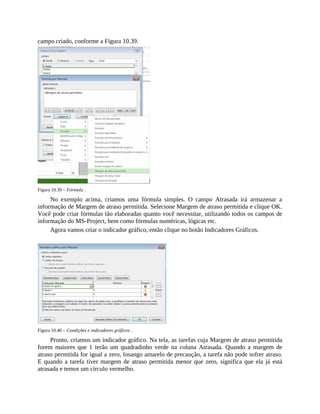 campo criado, conforme a Figura 10.39.
Figura 10.39 – Fórmula .
No exemplo acima, criamos uma fórmula simples. O campo Atrasada irá armazenar a
informação de Margem de atraso permitida. Selecione Margem de atraso permitida e clique OK.
Você pode criar fórmulas tão elaboradas quanto você necessitar, utilizando todos os campos de
informação do MS-Project, bem como fórmulas numéricas, lógicas etc.
Agora vamos criar o indicador gráfico, então clique no botão Indicadores Gráficos.
Figura 10.40 – Condições e indicadores gráficos .
Pronto, criamos um indicador gráfico. Na tela, as tarefas cuja Margem de atraso permitida
forem maiores que 1 terão um quadradinho verde na coluna Atrasada. Quando a margem de
atraso permitida for igual a zero, losango amarelo de precaução, a tarefa não pode sofrer atraso.
E quando a tarefa tiver margem de atraso permitida menor que zero, significa que ela já está
atrasada e temos um círculo vermelho.
 