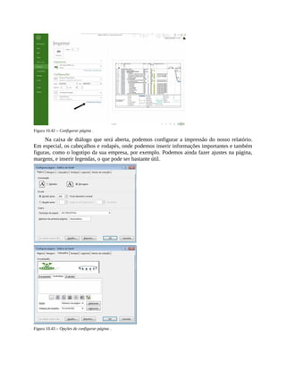 Figura 10.42 – Configurar página .
Na caixa de diálogo que será aberta, podemos configurar a impressão do nosso relatório.
Em especial, os cabeçalhos e rodapés, onde podemos inserir informações importantes e também
figuras, como o logotipo da sua empresa, por exemplo. Podemos ainda fazer ajustes na página,
margens, e inserir legendas, o que pode ser bastante útil.
Figura 10.43 – Opções de configurar página .
 