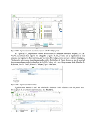 Figura 10.44 – Impressão do Gantt de controle do projeto AllMAR-VANT (página 1) .
Na Figura 10.44, imprimimos o modo de visualização Gantt de Controle do projeto AllMAR-
VANT. Eu incluí duas figuras no cabeçalho (Figura 10.43), poderia ser a logomarca da sua
empresa e a logomarca do seu cliente, por exemplo. No rodapé, temos apenas o número da página.
Também incluímos uma legenda das tarefas. Além do Gráfico de Gantt, lembre-se que é possível
imprimir qualquer modo de visualização do MS-Project, tais como Diagrama de Rede, Planilha de
Recursos, Uso da Tarefa, Linha do Tempo (Figura 10.45) etc.
Figura 10.45 – Impressão da linha do tempo .
Agora vamos retomar o tema dos relatórios e aprender como customizá-los um pouco mais.
No Capítulo 9, já havíamos apresentado a aba Relatório.
 