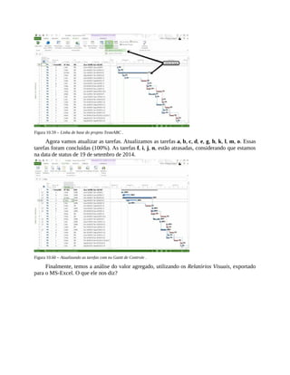 Figura 10.59 – Linha de base do projeto TesteABC .
Agora vamos atualizar as tarefas. Atualizamos as tarefas a, b, c, d, e, g, h, k, l, m, o. Essas
tarefas foram concluídas (100%). As tarefas f, i, j, n, estão atrasadas, considerando que estamos
na data de status de 19 de setembro de 2014.
Figura 10.60 – Atualizando as tarefas com no Gantt de Controle .
Finalmente, temos a análise do valor agregado, utilizando os Relatórios Visuais, exportado
para o MS-Excel. O que ele nos diz?
 