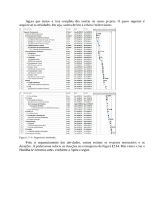 Agora que temos a lista completa das tarefas do nosso projeto. O passo seguinte é
sequenciar as atividades. Ou seja, vamos definir a coluna Predecessoras.
Figura 12.14 – Sequenciar atividades.
Feito o sequenciamento das atividades, vamos estimar os recursos necessários e as
durações. Já poderíamos colocar as durações no cronograma da Figura 12.14. Mas vamos criar a
Planilha de Recursos antes, conforme a figura a seguir.
 