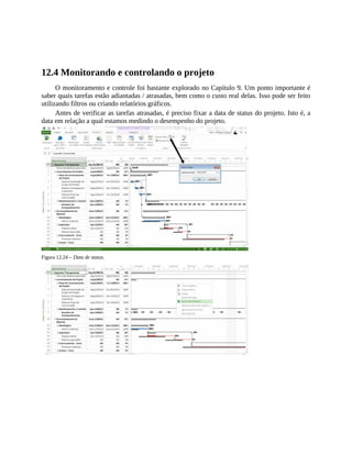 12.4 Monitorando e controlando o projeto
O monitoramento e controle foi bastante explorado no Capítulo 9. Um ponto importante é
saber quais tarefas estão adiantadas / atrasadas, bem como o custo real delas. Isso pode ser feito
utilizando filtros ou criando relatórios gráficos.
Antes de verificar as tarefas atrasadas, é preciso fixar a data de status do projeto. Isto é, a
data em relação a qual estamos medindo o desempenho do projeto.
Figura 12.24 – Data de status.
 