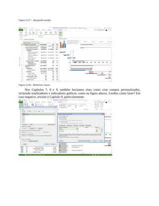 Figura 12.27 – Agrupando tarefas.
Figura 12.28 – Relatórios visuais.
Nos Capítulos 7, 8 e 9, também havíamos visto como criar campos personalizados,
incluindo sinalizadores e indicadores gráficos, como na figura abaixo. Lembra como fazer? Em
caso negativo, revisite o Capítulo 9, particularmente.
 