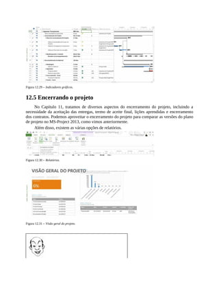 Figura 12.29 – Indicadores gráficos.
12.5 Encerrando o projeto
No Capítulo 11, tratamos de diversos aspectos do encerramento do projeto, incluindo a
necessidade da aceitação das entregas, termo de aceite final, lições aprendidas e encerramento
dos contratos. Podemos aproveitar o encerramento do projeto para comparar as versões do plano
de projeto no MS-Project 2013, como vimos anteriormente.
Além disso, existem as várias opções de relatórios.
Figura 12.30 – Relatórios.
Figura 12.31 – Visão geral do projeto.
 