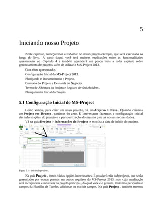 5
Iniciando nosso Projeto
Neste capítulo, começaremos a trabalhar no nosso projeto-exemplo, que será executado ao
longo do livro. A partir daqui, você terá maiores explicações sobre as funcionalidades
apresentadas no Capítulo 4 e também aprenderá um pouco mais a cada capítulo sobre
gerenciamento de projetos, além de utilizar o MS-Project 2013.
Conceitos apresentados:
Configuração Inicial do MS-Project 2013.
Planejando e Documentando o Projeto.
Contexto do Projeto e Demanda do Negócio.
Termo de Abertura do Projeto e Registro de Stakeholders .
Planejamento Inicial do Projeto.
5.1 Configuração Inicial do MS-Project
Como vimos, para criar um novo projeto, vá em Arquivo > Novo . Quando criamos
um Projeto em Branco , partimos do zero. É interessante fazermos a configuração inicial
das informações do projeto e a personalização do mesmo para as nossas necessidades.
Vá na guia Projeto > Informações do Projeto e escolha a data de início do projeto.
Figura 5.1 – Início do projeto .
Na guia Projeto , temos várias opções interessantes. É possível criar subprojetos, que serão
gerenciados por outras pessoas em outros arquivos do MS-Project 2013, mas cuja atualização
será incorporada e mostrada no projeto principal, do qual você é o gerente. Podemos personalizar
campos da Planilha de Tarefas, adicionar ou excluir campos. Na guia Projeto , também teremos
 