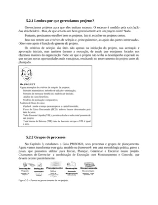 5.2.1 Lembra por que gerenciamos projetos?
Gerenciamos projetos para que eles tenham sucesso. O sucesso é medido pela satisfação
dos stakeholders . Mas, de que adianta um bom gerenciamento em um projeto ruim? Nada.
Portanto, precisamos escolher bem os projetos. Isto é, escolher os projetos certos.
Isso nos remete aos critérios de seleção e, principalmente, ao apoio das partes interessadas.
Obter esse apoio é função do gerente do projeto.
Os critérios de seleção são úteis não apenas na iniciação do projeto, sua aceitação e
aprovação iniciais, mas também durante a execução, de modo que estejamos focados nos
objetivos maiores da organização. Pode ser que o projeto não tenha o desempenho esperado ou
que surjam novas oportunidades mais vantajosas, resultando no encerramento do projeto antes do
planejado.
Mr. PROJECT
Alguns exemplos de critérios de seleção de projetos:
Métodos matemáticos: métodos de cálculo e otimização;
Métodos de mensurar benefícios: modelos de decisão;
Análise de custo-benefício;
Modelos de pontuação: comparativo;
Análises de fluxo de caixa:
Payback : mede o tempo para recuperar o capital investido;
Fluxo de Caixa Descontado (FCD): valores futuros descontados pela
taxa de juros;
Valor Presente Líquido (VPL): permite calcular o valor total presente de
um projeto;
Taxa Interna de Retorno (TIR): taxa de desconto em que o VPL é igual
à zero.
5.2.2 Grupos de processos
No Capítulo 3, estudamos o Guia PMBOK®, seus processos e grupos de planejamento.
Agora vamos transformar esse guia, modelo ou framework em uma metodologia prática, passo a
passo, que possamos utilizar para Iniciar, Planejar, Gerenciar e Encerrar nosso projeto.
Chamamos de Gerenciar a combinação de Execução com Monitoramento e Controle, que
devem ocorrer paralelamente.
Figura 5.5 – Passos no gerenciamento de um projeto .
 
