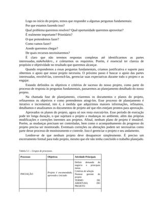 Logo no início do projeto, temos que responder a algumas perguntas fundamentais:
Por que estamos fazendo isso?
Qual problema queremos resolver? Qual oportunidade queremos aproveitar?
É realmente importante? Prioritário?
O que pretendemos fazer?
Como vamos fazer?
Aonde queremos chegar?
De quais recursos necessitaremos?
É claro que não teremos respostas completas até identificarmos as partes
interessadas, stakeholders , e coletarmos os requisitos. Porém, é essencial ter clareza de
propósito e objetividade no resultado que queremos alcançar.
Quando respondemos a essas perguntas fundamentais, criamos justificativa e suporte para
obtermos o apoio que nosso projeto necessita. O próximo passo é buscar o apoio das partes
interessadas, envolvê-las, convencê-las, gerenciar suas expectativas durante todo o projeto e as
engajar.
Estando definidos os objetivos e critérios de sucesso do nosso projeto, como parte do
processo de resposta às perguntas fundamentais, passaremos ao planejamento detalhado do nosso
projeto.
Na chamada fase de planejamento, criaremos os documentos e planos do projeto,
refinaremos os objetivos e como pretendemos atingi-los. Esse processo de planejamento é
iterativo e incremental, isto é, à medida que adquirimos maiores informações, refinamos,
detalhamos e atualizamos os documentos de projeto até que eles estejam prontos para aprovação.
Aprovados os planos do projeto, agora só nos resta executá-los. Esse período de execução
pode ter longa duração, o que sujeitará o projeto a mudanças no ambiente, além das próprias
modificações e correções inerentes aos projetos. Afinal, nenhum plano de projeto é imutável.
Porém, as mudanças precisam ser controladas, bem como o acompanhamento do progresso do
projeto precisa ser monitorado. Eventuais correções ou alterações podem ser necessárias como
parte desse processo de monitoramento e controle. Isso é gerenciar o projeto e seu andamento.
Lembre-se de que nenhum projeto deve desaparecer simplesmente. É preciso um
encerramento formal para todo projeto, mesmo que ele não tenha concluído o trabalho planejado.
Tabela 5.1 – Grupos de processos .
Processos Objetivos Atividade Principais
INICIAÇÃO
Projeto é encomendado,
aprovado e iniciado
Definir demanda do
negócio e principais
metas
Critérios de seleção
Nomear gerente do
projeto
TERMO DE
ABERTURA DO
PROJETO
 