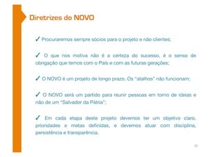 Diretrizes do NOVO 
✓ Procuraremos sempre sócios para o projeto e não clientes; 
✓ O que nos motiva não é a certeza do sucesso, é o senso de 
obrigação que temos com o País e com as futuras gerações; 
✓ O NOVO é um projeto de longo prazo. Os “atalhos” não funcionam; 
✓ O NOVO será um partido para reunir pessoas em torno de ideias e 
não de um “Salvador da Pátria”; 
✓ Em cada etapa deste projeto devemos ter um objetivo claro, 
prioridades e metas definidas, e devemos atuar com disciplina, 
persistência e transparência. 
10 
 