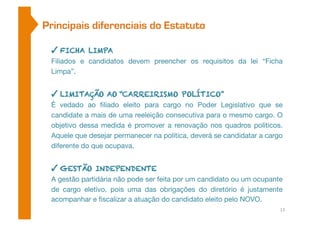 Principais diferenciais do Estatuto 
✓ FICHA LIMPA 
Filiados e candidatos devem preencher os requisitos da lei “Ficha 
Limpa”. 
✓ LIMITAÇÃO AO “CARREIRISMO POLÍTICO” 
É vedado ao filiado eleito para cargo no Poder Legislativo que se 
candidate a mais de uma reeleição consecutiva para o mesmo cargo. O 
objetivo dessa medida é promover a renovação nos quadros políticos. 
Aquele que desejar permanecer na política, deverá se candidatar a cargo 
diferente do que ocupava. 
✓ GESTÃO INDEPENDENTE 
A gestão partidária não pode ser feita por um candidato ou um ocupante 
de cargo eletivo, pois uma das obrigações do diretório é justamente 
acompanhar e fiscalizar a atuação do candidato eleito pelo NOVO. 
13 
 
