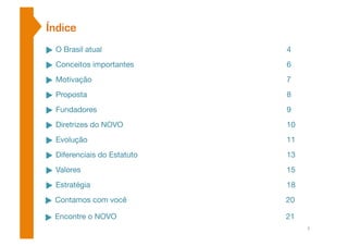 Índice 
O Brasil atual 
4 
Conceitos importantes 
6 
Fundadores 
9 
Diretrizes do NOVO 
10 
Evolução 
11 
Diferenciais do Estatuto 
13 
Valores 
15 
Estratégia 
18 
Contamos com você 
20 
Encontre o NOVO 
21 
3 
Motivação 
7 
Proposta 
8 
 