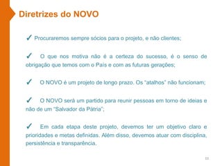 Diretrizes do NOVO
✓ Procuraremos sempre sócios para o projeto, e não clientes;
✓ O que nos motiva não é a certeza do sucesso, é o senso de
obrigação que temos com o País e com as futuras gerações;
✓ O NOVO é um projeto de longo prazo. Os “atalhos” não funcionam;
✓ O NOVO será um partido para reunir pessoas em torno de ideias e
não de um “Salvador da Pátria”;
✓ Em cada etapa deste projeto, devemos ter um objetivo claro e
prioridades e metas definidas. Além disso, devemos atuar com disciplina,
persistência e transparência.
10
 