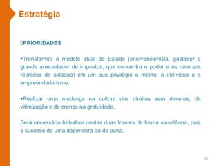 Estratégia
PRIORIDADES
Transformar o modelo atual de Estado (intervencionista, gastador e
grande arrecadador de impostos, que concentra o poder e os recursos
retirados do cidadão) em um que privilegie o mérito, o indíviduo e o
empreendedorismo.
Realizar uma mudança na cultura dos direitos sem deveres, da
vitimização e da crença na gratuidade.
Será necessário trabalhar nestas duas frentes de forma simultânea, pois
o sucesso de uma dependerá do da outra.
18
 