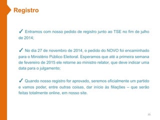 Registro
✓ Entramos com nosso pedido de registro junto ao TSE no fim de julho
de 2014;
✓ No dia 27 de novembro de 2014, o pedido do NOVO foi encaminhado
para o Ministério Público Eleitoral. Esperamos que até a primeira semana
de fevereiro de 2015 ele retorne ao ministro relator, que deve indicar uma
data para o julgamento;
✓ Quando nosso registro for aprovado, seremos oficialmente um partido
e vamos poder, entre outras coisas, dar início às filiações – que serão
feitas totalmente online, em nosso site.
20
 