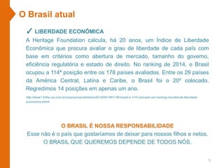 ✓ LIBERDADE ECONÔMICA
A Heritage Foundation calcula, há 20 anos, um Índice de Liberdade
Econômica que procura avaliar o grau de liberdade de cada país com
base em critérios como abertura de mercado, tamanho do governo,
eficiência regulatória e estado de direito. No ranking de 2014, o Brasil
ocupou a 114ª posição entre os 178 países avaliados. Entre os 29 países
da América Central, Latina e Caribe, o Brasil foi o 20º colocado.
Regredimos 14 posições em apenas um ano.
http://www1.folha.uol.com.br/colunas/carodinheiro/2014/05/1461149-brasil-e-114-colocado-em-ranking-mundial-de-liberdade-
economica.shtml
O Brasil atual
O BRASIL É NOSSA RESPONSABILIDADE
Esse não é o país que gostaríamos de deixar para nossos filhos e netos.
O BRASIL QUE QUEREMOS DEPENDE DE TODOS NÓS.
5
 