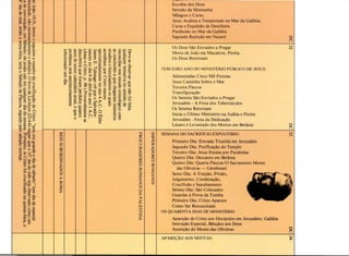 ·o~"ii-3
e:~2.2:
Ill(') fr 0
C..Oc..
I'II::S(II_
<· 0
a.s ::s ..
"" 1»1~1»1 0.
~%::sn­::s. ~ 3
S.r::~o
03~"'
Ill 50
"'~IE·~
ao-30CI
~ ~~ s·(i)>__q tin
~-~0 Ill
• I'll !G. "'1
~}.o- ~::l. Ill
Ill . c.."8.olll£o
(/)('). c..
~~>-~·o$1)
g-I'IIC: (')
C-3~2
0 .D 0 !J.
C..r::c..::~
Ill E.. (1) (')
""'.D r-~»
~r::~"£,
n ~ :s.o
~ e:~-~
-;,~»~()
~(1) fr-Na·.........·"' .. 0
c..n>~··0 3 ~
~ ~
-all>@~-0 . .D"'
jG_""'CCII
o-0~~
~~.g~0,...1'11~
::s 9oc..
0"' -~'~~
3 (1) ~0
~~e:~,..Ill c..
0 C-CII
...... o,
9.3 II>-
(') (1)) 0"
2(/)~
!J.~. 0:
::~1))_
~is::s ~e:
11>$1)11)
.D c.. c..
COR
s·n ~
so~•3
!i'0 .
c:;· E..
~3
0
~
enVl
c
~,0
z
8Vl
:>
,0
~
:>
r3 "Q ~ c..~ ::s ..... ~ II> I'll ~ ~ .g ~
~~~~~~~a§@~9g.E-~"n>Q..(j"e;CUI ~:::,....""(') I
g 3 (1) ::::1. 0 ::s tTl . s ~ !2. 5: ~ ~
II>Sil::S"i'"'O" ~»3n>CII>..,O
c.. o~~>- '1 -lc.. .,.., .... o-
o ~ ~ .D a- e: §- IE .g ::: ~ ~ ~ ~
E~~>-o~c~» :3~'~~~ ;;S~
3V>l'l .0 I'll Olll,..
II> E.. 0'-o c..&: g () ::l. .r;, ~ ::;::· ~
e: a· (1) .., • I'll I'll (1) a·~ r:: .... Ill .D
?>r;;>~s:S~QsoQ~~g~
0 ::l. '-' 2:~· ~ ::s ~ ~ (') "' ::s
S
::l. o·~ ::? c.. r:: 0 ~ 0 ~ a ~ ~
II> e: 0 0 (1) ~ "' .., ::s :=.
n>[o.:~§o~r::.Dsg_g-Q:
g • ~ ~ 0 V> . ~. -· ~ c.. (;'
(1) .D 1:1 E.. () ~ ::s ""· I'll -·
~'~~ r:: ::s- < · E·n S
.D$1)('11>~0 3°
r:: tj ::s . 0 I'll (')
I'll 0 ... () "'1 tT'I- .., 0
0 I'll. - 0 3
~ ~ "'"'1
"0,0
()
c
~
8
ffi,0
~
:>
z
0Vl
0
:>
"0
:>
r
m
~
z:>
~
"0
m
~~Vl
,
0
~
:>
z
0
Vl
- · o-·· ··- -····- - - ·-·-
Escolha dos Doze
Sermao da Montanha
Milagres e Curas.
Jesus Acalma a Tempestade no Mar da Galileia.
Curas e Expulsao de Demonios
Parabolas no Mar da Galileia
Segunda Rejei~o em Nazare
Os Doze Sao Enviados a Pregar
Morte de Joao em Macaeros, Pereia.
Os Doze Retornam
TERCEIRO ANO DO MI NISTERIO PUBLICO DE JESUS.
Alimentadas Cinco Mil Pessoas
Jesus Caminha Sobre o Mar
Terceira Pascoa
Transfigura~o
Os Setenta Sao Enviados a Pregar
Jerusalem - A Festa dos Tabernaculos
Os Setenta Retornam
Inicia o Ultimo Ministerio na Judeia e Pereia
Jerusalem - Festa da Dedica~o
LAzaro eLevantado dos Mortos em Betania
SEMANA DO SACRIFiCIO EXPIATORIO.
Primeiro Dia: Entrada Triunfal em Jerusalem
Segundo Dia: Purifica~o do Templo
Terceiro Dia: Jesus Ensina por Parabolas
Quarto Dia: Descanso em Betania
Quinto Dia: Quarta Pascoa/ 0 Sacramento Monte
das Oliveiras - Getsemani
Sexto Dia: A Traicao, Prisao,
Julgamento, Condena~o.
CruciflXao e Sepultamento
5etimo Dia: sao Colocados
Guardas aPorta da Tumba
Primeiro Dia: Cristo Aparece
Como Ser Ressuscitado
OS QUARENTA DIAS DE MINISTERIO
Apari~o de Cristo aos Discipulos em Jerusalem, Galileia
lnstru~o Especial, Bencaos aos Doze
Ascen~o do Monte das Oliveiras
APARI<;AO AOS NEFITAS.
~
w
N
g
w
w
~
'£
 