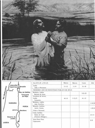 SAMARIA
Deserto da
Judéia
JUDÉIA
Tetrarquia
de Filipe
PERÉIA
. Betabara
Ano 29 A.D. a 30 A.D. Mateus
Judéia
3: 1-12
João. o Precursor.
PRIMEIRO ANO DO MINISTÉRIO PÚBLICO DE JESUS
Betabara, J udéia.
Batismo de Jesus
Arredores de Jericó,
Judéia. 4: 1-1 1
Tentações.
Betabara, J udéia.
João Testifica.
Betsaida, Galiléia.
André, Simão.
Felipe e Natanael.
Caná, Galiléia.
Bodas de Caná
(Primeiro Milagre.)
Jesus Parte Para
Capernaum .
Marcos Lucas João
1 : 1-8 3 : 1 - 1 8
3:21-23
1 : 1 2, 1 3 4: 1 - 1 3
1 : 14-34
1 :35-5 1
2: 1-1 1
2: 12
 