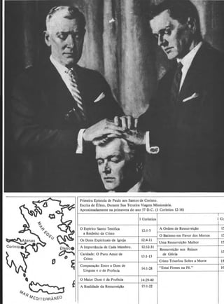 Primeira Epistola de Paulo aos Santos de Corinto.
Escrita de Efeso, Durante Sua Terceira Viagem Missionaria.
Aproximadamente na primavera do ano 57 D.C. (1 Corintios 12-16)
0 Espirito Santo Testifica
a Resj)eito de Cristo
Os Dons Espirituais da lgreja
A lmportancia de Cada Membro.
Caridade: 0 Puro Amor de
Cristo
Comparacao Entre o Dom de
Linguas e o de Profecia
0 Maior Dom e da Profecia
A Realidade da Ressurreicllo
1 Corintios
12:1-3
12:4-11
12:12-31
13:1-13
14:1-28
14:29·40
15:1-22
A Ordem de Ressurrei~o
0 Batismo em Favor dos Mortos
Uma Ressurreicao Melhor
Ressurrei~o aos Reinos
de Gloria
Cristo Triunfou Sobre a Morte
"Estai Firmes na Fe."
1 Cc
1!
1!
1!
15
 