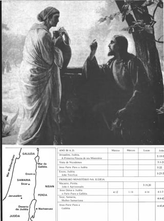 SAMARIA
Sicar •
Jerusalém
•
JUDÉIA
NISAN
PERÉIA
• Machaeruso
ANO 30 A . D.
Jerusalém, J udéia,
A Primeira Páscoa de seu M inistério
Visita de N icodemos
Jesus Parte Para a Judéia
Enom, Judéia.
João Testifica
PRIME I RO M I N ISTÉRIO NA J U DÉIA
Ma<.:aero, Peréia .
João é Aprisionado.
Jesus Deixa a J udéia
e Parte Para a Galiléia.
Sicar, Samaria,
Mulher Samaritana
Jesus Parte Para a
Galiléia.
Mateus Marcos Lucas João
2 : 1 3-2:
3: 1-21
3 :22
3:23-2(
3: 19,20
4: 12 1 : 1 4 4: 14 4: 1-3
4:4-42
4:43,4t
 
