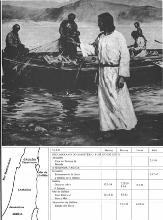 3 1 A.D. Mateus Marcos Lucas João
SEGUNDO ANO DO MINISTÉRIO PÚBLICO DE JESUS
Jerusalém
Cura no Tanque de 5 : 1-16
Betesda
A SEGUNDA PASCOA
Jerusalém
Ensinamentos de Jesus 5 : 1 7-47
a respeito de si mesmo
Galiléia
Discurso sobre 12: 1 - 1 4 2:23-28
6: 1-1 1
3: 1-6
SAMARIA
o Sabado
Mar da Galiléia
Jesus Retira-se 12: 1 5-21 3:7- 12
Para o Mar.
Montanhas da Galiléia
3:13-21 6: 12-16
Eleição dos Doze
JUDÉIA
 