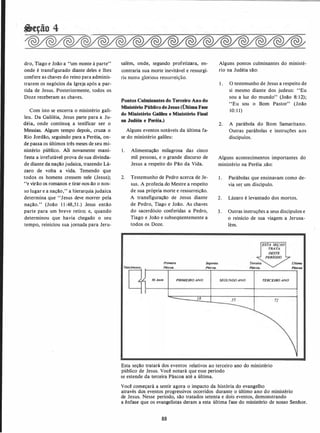 dro, Tiago e João a "um monte à parte"
onde é transfigurado diante deles e lhes
confere as chaves do reino para adminis­
trarem os negócios da Igreja após a par­
tida de Jesus. Posteriormente, todos os
Doze receberam. as chaves.
Com isto se encerra o ministério gali­
leu. Da Galiléia, Jesus parte para a Ju­
déia, onde continua a testificar ser o
Messias. Algum tempo depois, cruza o
Rio Jordão, seguindo para a Peréia, on­
de passa os últimos três meses de seu mi­
nistério público. Ali novamente mani­
festa a irrefutável prova de sua divinda­
de diante da nação judaica, trazendo Lá­
zaro de volta a vida. Temendo que
todos os homens cressem nele (Jesus);
"e virão os romanos e tirar-nos-ão o nos-
so lugar e a nação,'' a hierarquia judaica
determina que "Jesus deve morrer pela
nação." (João 1 1 :48,51 .) Jesus então
parte para um breve retiro; e, quando
determinou que havia chegado o seu
tempo, reiniciou sua jornada para Jeru-
salém, onde, segundo profetizara, en­
contraria sua morte inevitável e ressurgi­
ria numa gloriosa ressurreição.
Pontos Culminantes do Terceiro Ano do
Ministério P6bUco deJesus (Última Fase
do Ministério GaUieu e Ministério Final
na Judéia e Peréia.)
Alguns eventos notáveis da última fa­
se do ministério galileu:
l . Alimentação milagrosa das cinco
mil pessoas, e o grande discurso de
Jesus a respeito do Pão da Vida.
2. Testemunho de Pedro acerca de Je­
sus. A profecia do Mestre a respeito
de sua própria morte e ressurreição.
A transfiguração de Jesus diante
de Pedro, Tiago e João. As chaves
do sacerdócio conferidas a Pedro,
Tiago e João e subseqüentemente a
todos os Doze.
Alguns pontos culminantes do ministé­
rio na Judéia são:
1 . O testemunho de Jesus a respeito de
si mesmo diante dos judeus: "Eu
sou a luz do mundo" (João 8: 12);
"Eu sou o Bom Pastor" (João
10: 1 1)
2. A parábola do Bom Samaritano.
Outras parábolas e instruções aos
discípulos.
Alguns acontecimentos importantes do
ministério na Peréia .são:
1 . Parábolas que ensinavam como de­
via ser: um discípulo.
2. Lázaro é levantado dos mortos.
3. Outras instruções a seus discípulos e
o reinício de sua viagem a Jerusa­
lém.
Primeira
Páscoo
Segunda
Pdscoo
Última
P6scoa
30 Anos PRIMEIRO ANO SEGUNDO ANO TERCEIRO ANO
I I I
:I
Esta seção tratará dos eventos relativos ao terceiro ano do ministério
público de Jesus. Você notará que esse período
se estende da terceira Páscoa até a última.
Você começará a sentir agora o impacto da história do evangelho
através dos eventos progressivos ocorridos durante o último ano do ministério
de Jesus. Nesse período, são tratados setenta e dois eventos, demonstrando
I
I
a ênfase que os evangelistas deram a esta última fase do ministério de nosso Senhor.
88
 
