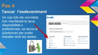 Pas 4
Tancar l’esdeveniment
Un cop tots els convidats
han manifestat la seva
disponibilitat o
preferències, es tanca el
qüestionari per poder
treballar amb les dades.

 